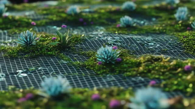 Moss and succulent grid with tiny purple flowers, blurry