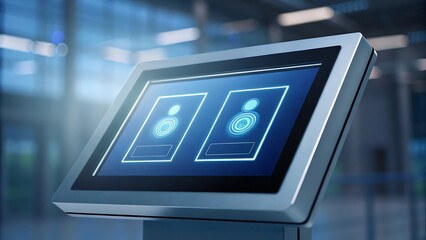 Futuristic digital kiosk displaying user profiles with glowing icons technology screen