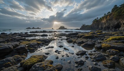 Boulders coated in seaweed, rocky shoreline with tide pools, and light peeking through striking clouds
