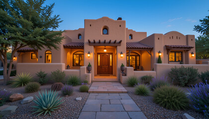 Obraz premium Luxury real estate santa fe style home architecture design with desert landscaping and exterior lighting