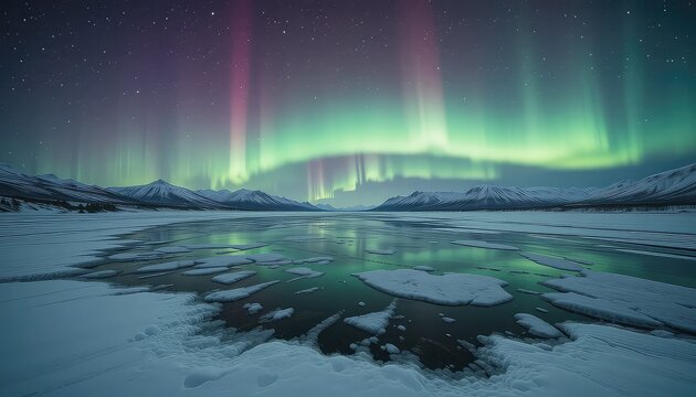 A frozen lake, aurora borealis above, and far-off snowy mountains characterize this icy northern scene.