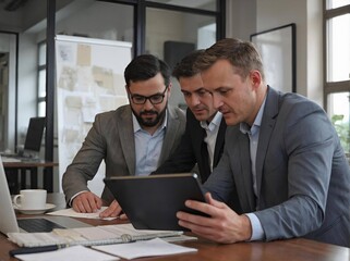 Collaborative Business Discussion: Capturing a moment of shared focus among three business professionals, engrossed in an important discussion using technology, revealing modern business culture.
