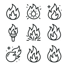 Flame vector art with nine line drawings suitable for designs related to heat, energy, passion, and elements of nature.
