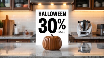 Spooky sale announcement with pumpkin in a cozy kitchen setting during Halloween season