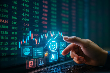 Artificial intelligence technology analyzing stock market data with interactive interface and candlestick chart on digital trading screen