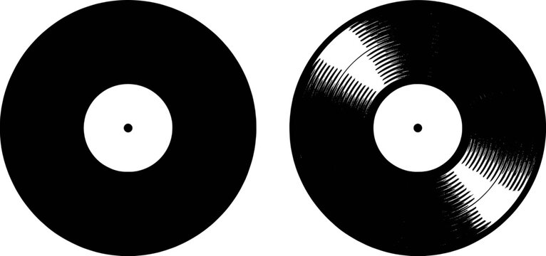 Black vinyl records with white labels and grooves music audio
