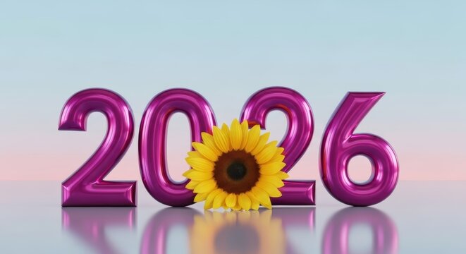 Shiny magenta metallic number 2026 juxtaposed with a vibrant yellow sunflower against a soft gradient sky year new year floral pink purple celebration