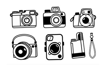 Collection of six hand drawn vintage and modern camera illustrations in a simple black and white sketch style
