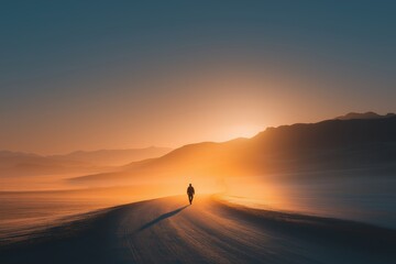 Obraz premium Solitary figure runs toward glowing surreal horizon, liquid gold desert stretching infinitely