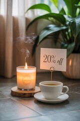 Cozy atmosphere with candle and coffee on a serene afternoon highlighting a 20 percent discount