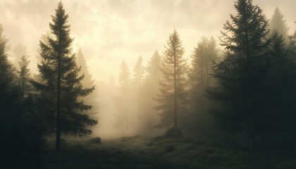 Fototapeta premium Serene Misty Dawn In Evergreen Forest: Large Trees, Soft Light, Tranquil Landscape, Peaceful Atmosphere