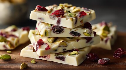 White chocolate bark topped with pistachios and cranberries displayed on a rustic wooden board.