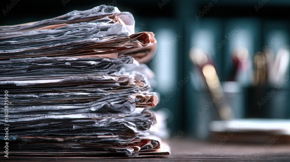 Poster organized stack of papers on a table symbolizing payroll file icon concept for structuring important