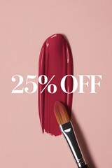 Offers attractive discount on vibrant lip color showing makeup brush and product swatch on soft pastel background