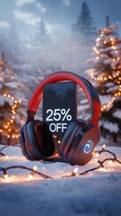 Discounted wireless headphones displayed in a winter setting with holiday lights and a smartphone showing a special offer