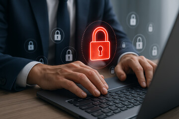 Cybersecurity concept with businessman typing on laptop and glowing red padlock symbol, representing data protection and online security system