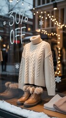 Cozy winter fashion display with discounts in urban boutique showcasing sweater and footwear