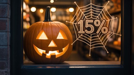 Halloween pumpkin with glowing eyes and spooky spider web decor at storefront during autumn