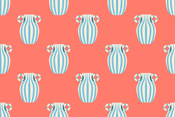 Repeating pattern of striped ceramic vases with handles on coral background