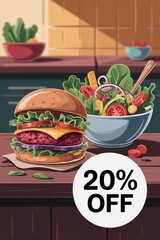 Delicious burger and fresh salad on a wooden table promoting discount in a cozy kitchen setting