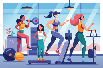Group of diverse women exercising in a modern gym with equipment