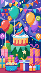 Obraz premium Colorful birthday celebration with cake balloons and gifts
