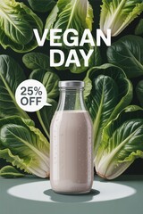 Vegan day promotion featuring a bottle of plant-based milk alongside fresh leafy greens