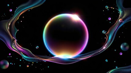 Abstract vibrant iridescent liquid flowing around a glowing circle against a dark backdrop