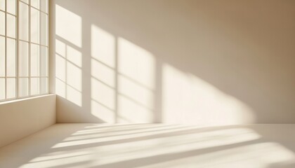 Obraz premium Empty Studio For Product Presentation With Beige Walls And Sunlight Shadows, Summer Concert Theme, Blurred Backdrop Of White Room.
