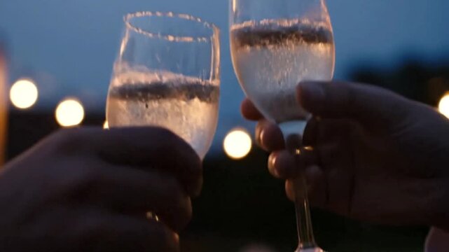 Hands Clinking Champagne Glasses Celebration Evening Lights Festive Toast Slow Motion