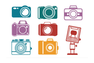 Collection of vintage and modern camera icons in various vibrant colors representing photography and nostalgia