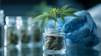 Small cannabis plant grows glass jar filled with coins, symbolizing intersection of biotechnology and investment. gloved hand carefully holds jar, highlighting scientific approach to cannabis