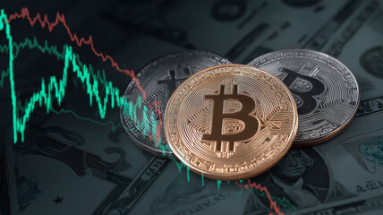 Cryptocurrency coins with fluctuating market graph overlay on US dollar bills, symbolizing financial volatility and economic impact. image conveys sense of uncertainty and dynamic change
