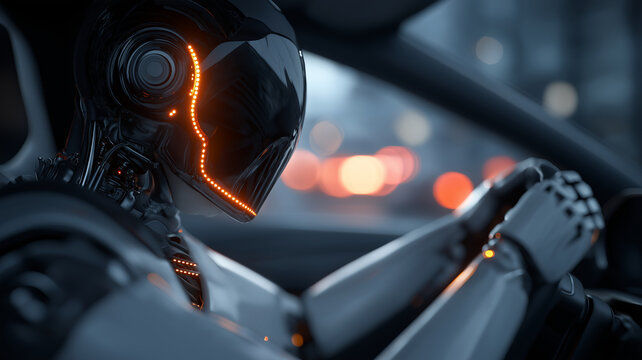 Futuristic robot with glowing orange lights is seated in car, gripping steering wheel, suggesting autonomous driving technology in urban setting