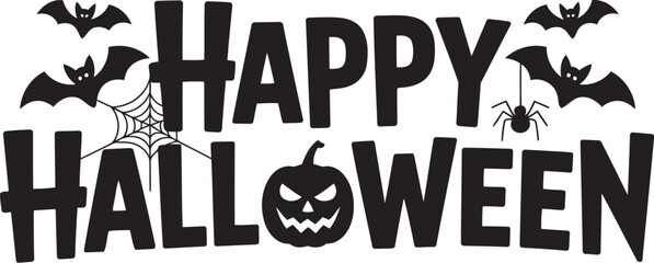 Happy Halloween Text with Bats, Spider, and Pumpkin