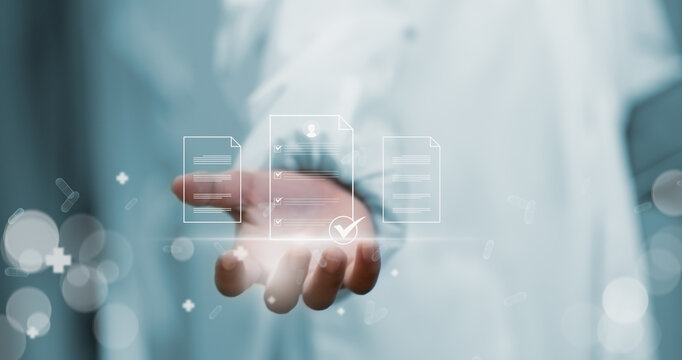 Doctor work report with digital healthcare with AI technology,system analysis network connection hologram virtual screen interface,online medical examination analysis report,banner panoramic header.