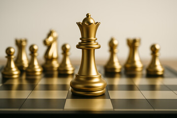 Golden chess queen standing in focus on luxury chessboard with blurred background pieces representing leadership, strategy, and success