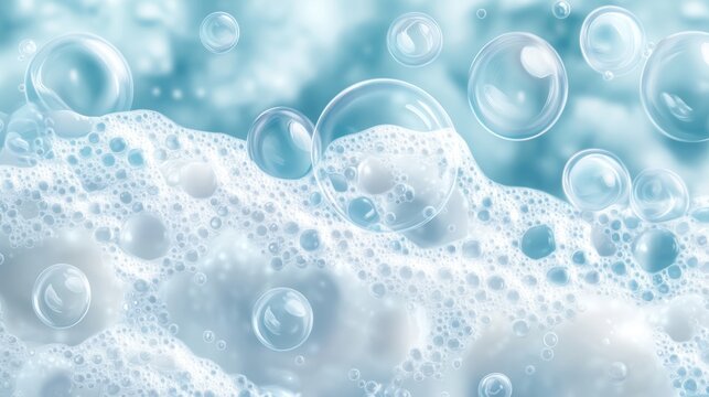 Sudsy bubbles on a blue background, likely from soap or detergent