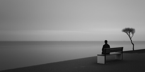 black and white minimalist photo with a black and white background, man on a bench