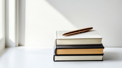 Fototapeta premium A stack of books with a pen on top