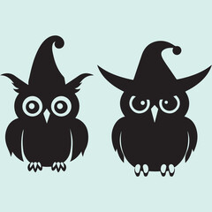 Fototapeta premium Owls Wearing Halloween Witch Hat Silhouette Vector Design