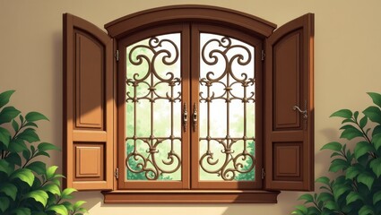 Obraz premium Ornate window with wooden shutters.