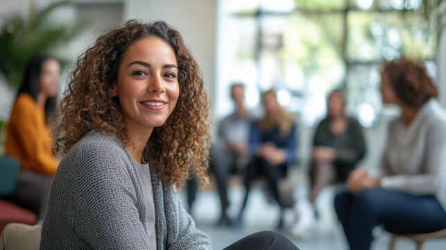 a supportive group therapy session with diverse people seated in a circle sharing stories