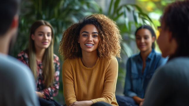 a supportive group therapy session with diverse people seated in a circle sharing stories