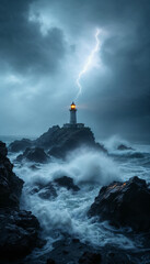 Lighthouse glows through fog on stormy cliffs with crashing waves and lightning.
