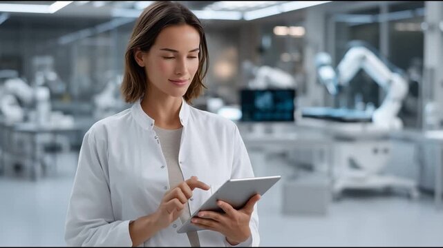 A female scientist in a lab coat using a tablet to analyze data in a modern laboratory filled with advanced technology.