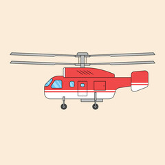 Red co-axial helicopter illustration in a simple flat cartoon style. Vector aircraft graphic for aviation and air transport concepts. Isolated chopper vehicle design.