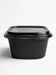 A black plastic container with a lid, commonly used for food storage or takeout meals.