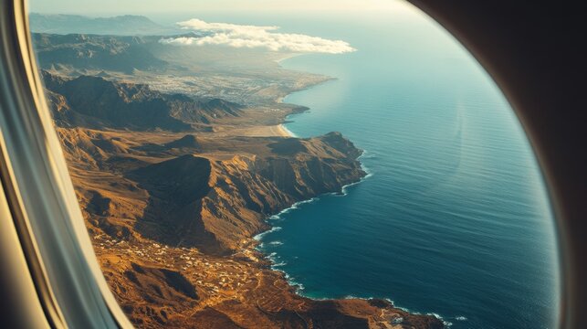 An aerial view from an airplane window showcasing a dramatic coastal landscape with rugged mountains overlooking the ocean and desert plains.