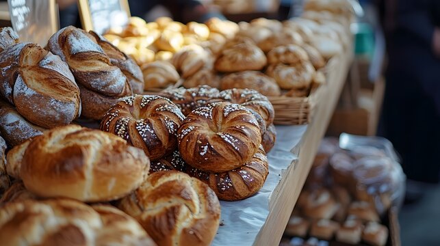 Variety of Fresh Breads and Pastries at a Bakery Market Stall